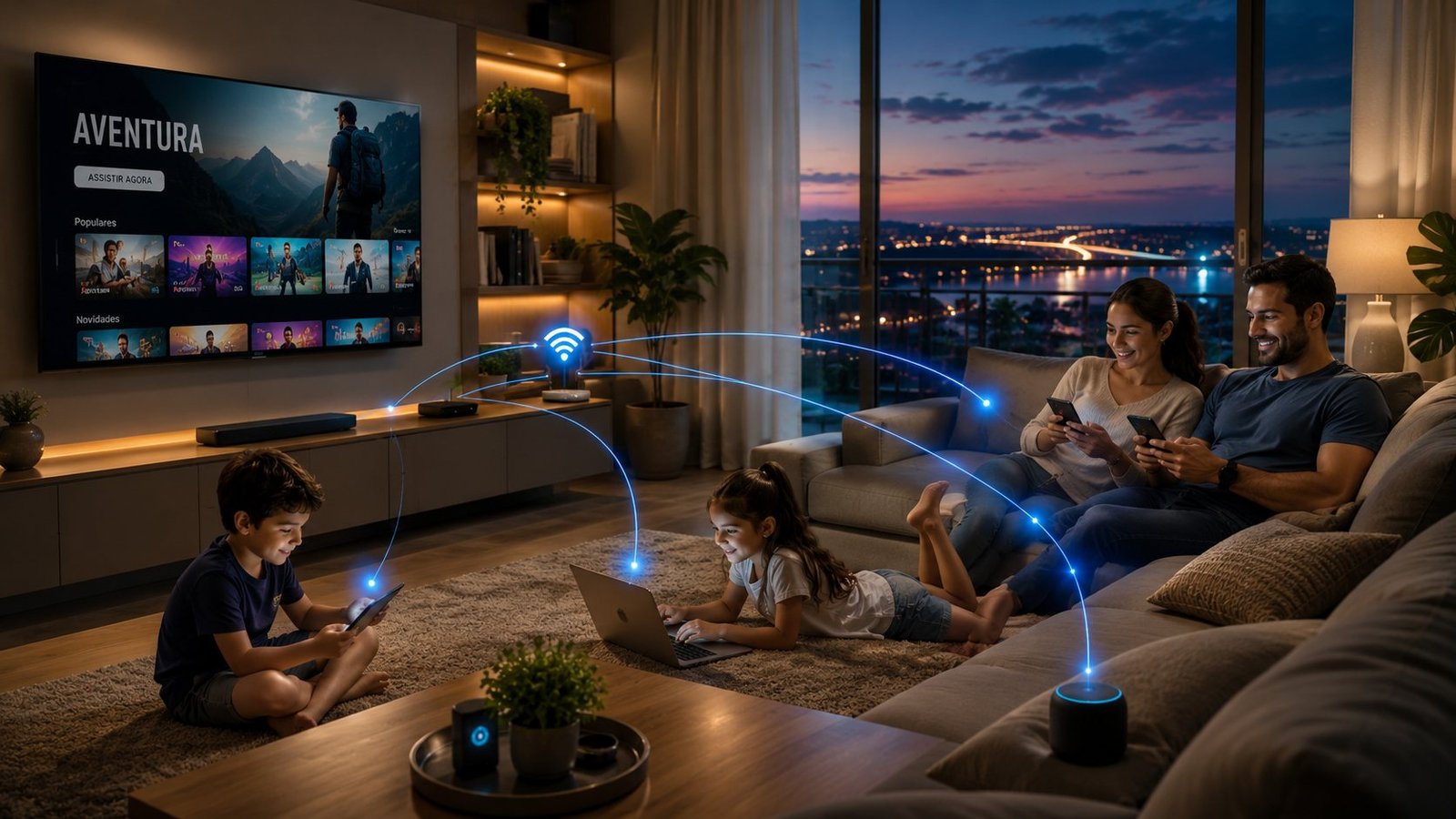 Família em casa com a TV ligada no streaming e os aparelhos conectados à fibra da Digital